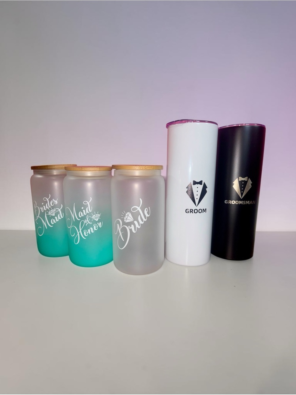 Bride & Groom wedding day team tumblers/Cups-lot of 5 NWT
